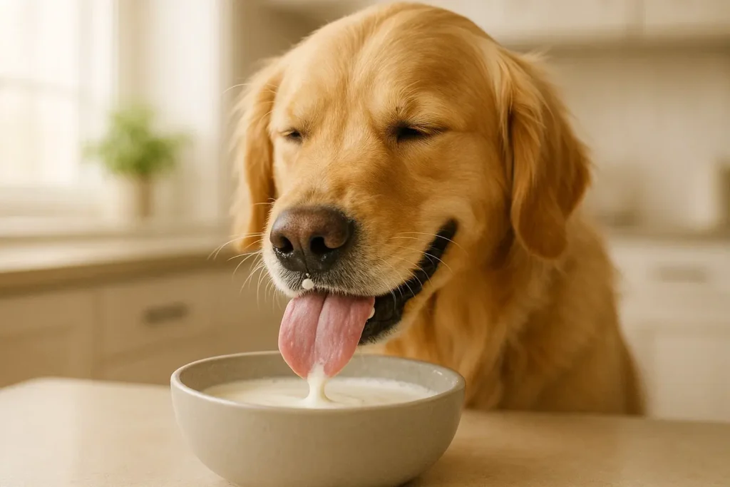 Ein Hund darf Buttermilch trinken: Ein Golden Retriever genießt den gesunden, probiotischen Snack aus seinem Keramiknapf.