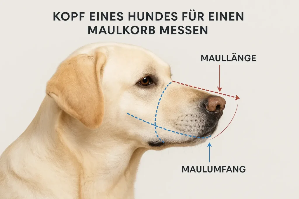 Infografik, die zeigt, wie man die Maulkorblänge und den Maulkorbumfang an einem Hundekopf richtig misst für das Maulkorbtraining.