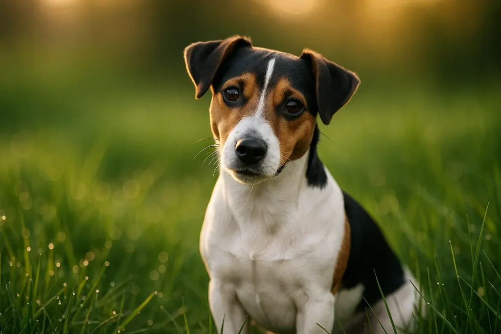 Ein glatthaariger Jack Russell Terrier sitzt aufmerksam im Gras.