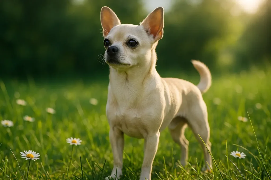 Ein Kurzhaar-Chihuahua in der Farbe Creme steht auf einer Wiese.