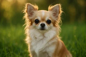 Ein niedlicher Langhaar-Chihuahua sitzt im Gras und schaut neugierig in die Kamera.