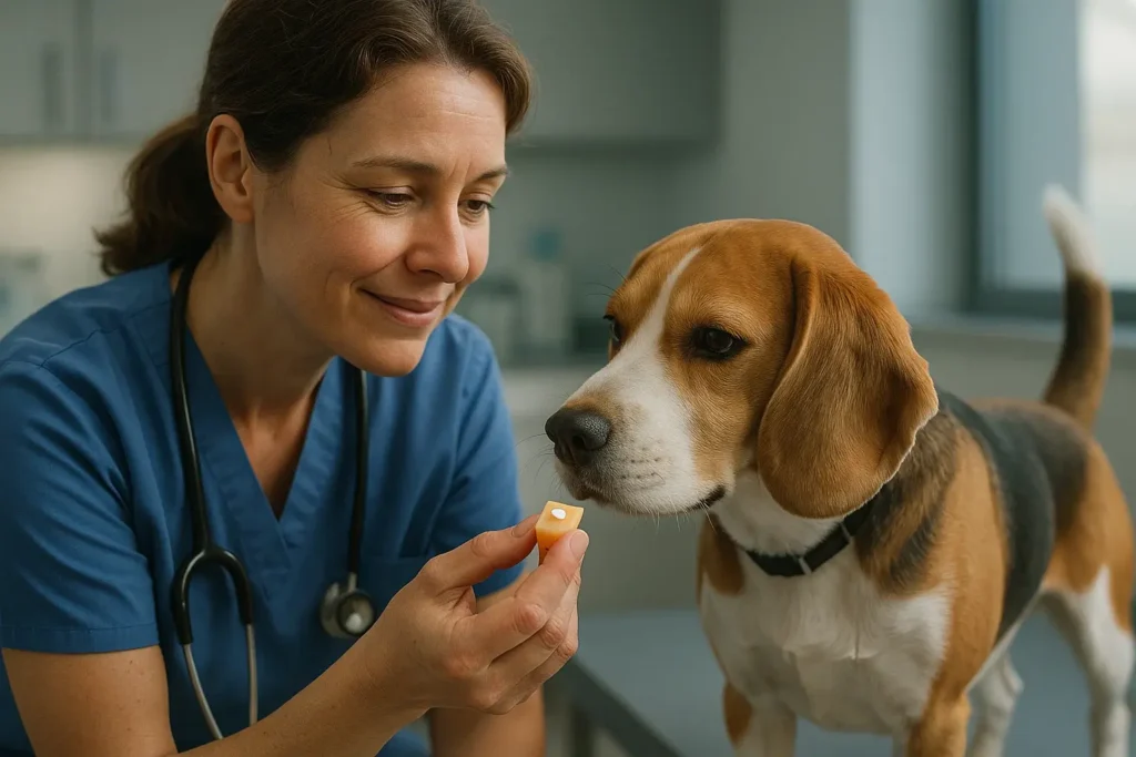Tierärztin gibt einem Hund eine Tablette in einem Leckerli versteckt