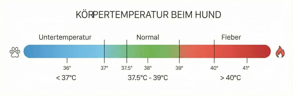 Grafik: Temperaturskala Hund. Grün: 37,5-39 Grad. Rot ab 40 Grad. Blau unter 37 Grad.