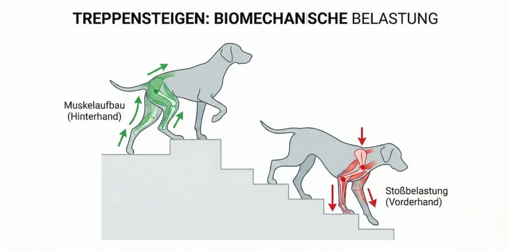 Vektor-Grafik: Ein Hundeskelett auf der Treppe. Beim Runtergehen sind die Vorderläufe rot markiert (hohe Belastung), beim Hochgehen die Hinterläufe grün (Training)