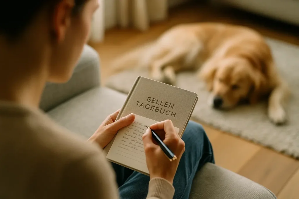 Eine Person führt ein Bellen-Tagebuch für ihren Hund und notiert Beobachtungen in ein Notizbuch.
