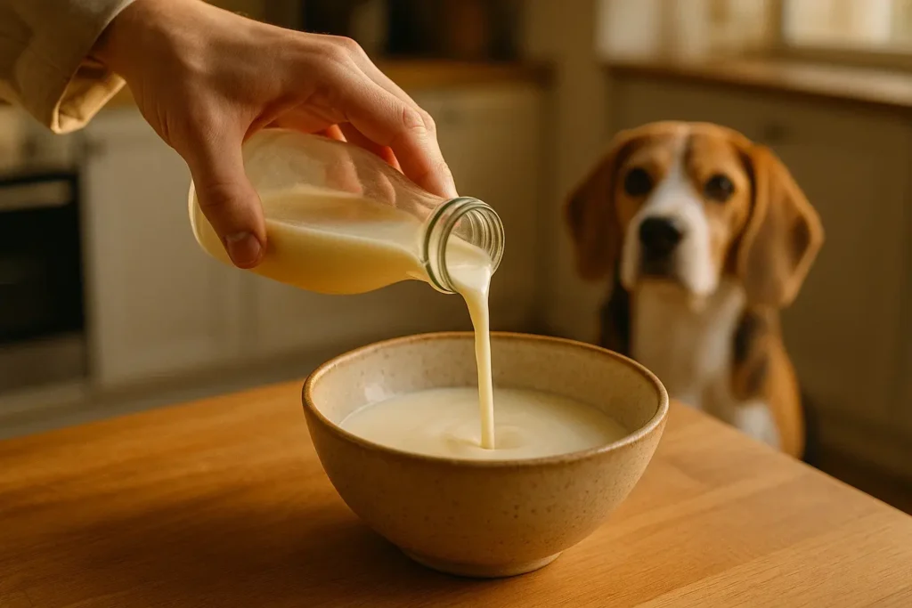Verantwortungsvolle Fütterung für den Hund: Eine Besitzerin bereitet eine kleine, gesunde Portion Buttermilch als Leckerli vor.