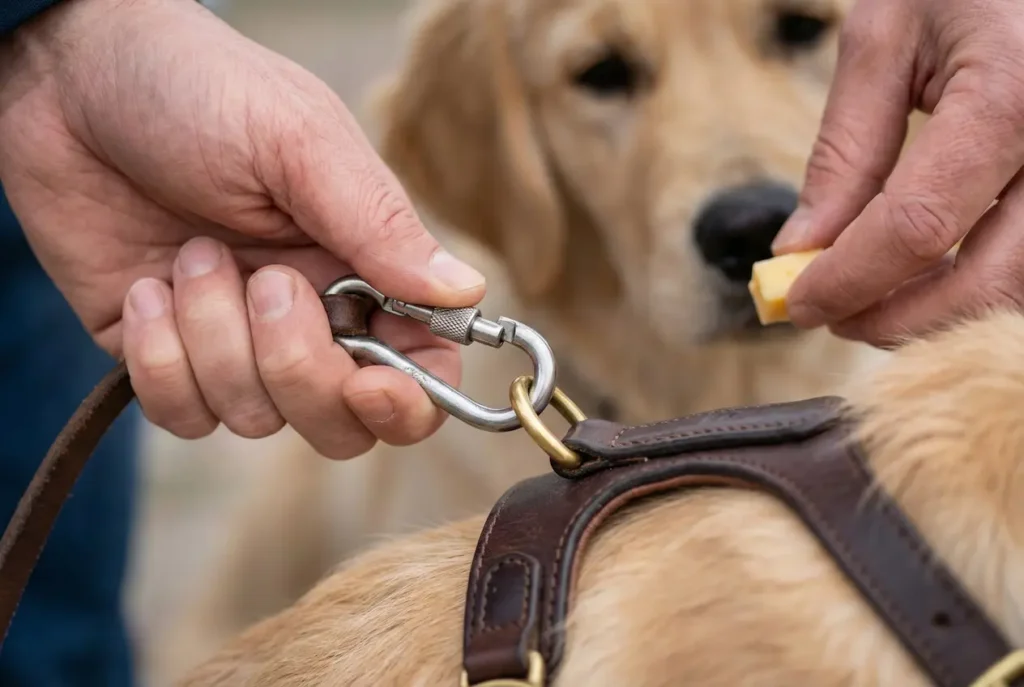 Nahaufnahme: Ein Karabinerhaken wird sanft in den Ring eines Brustgeschirrs eingehakt, der Welpe wird dabei mit einem Leckerli belohnt