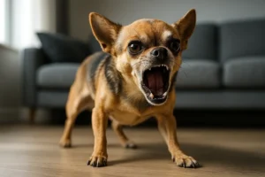 Ein kleiner Hund bellt stark.