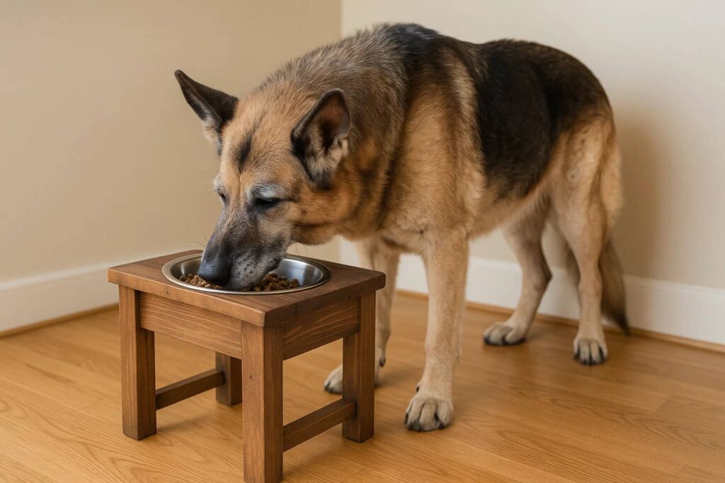 Ein großer, älterer Hund frisst bequem aus einem erhöhten Hundenapf aus Holz.