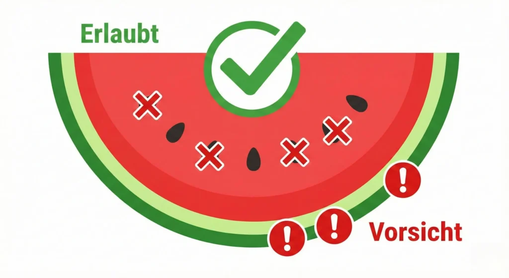 Infografik zeigt Wassermelone: Fruchtfleisch ist grün markiert (OK), Kerne und Schale sind rot markiert (Gefahr)