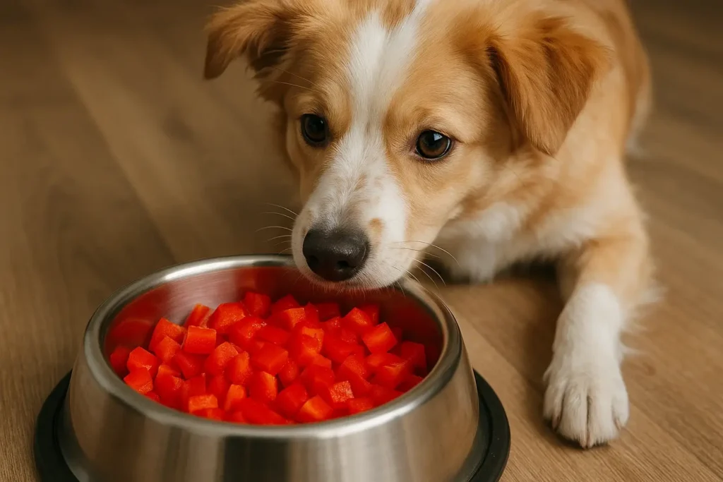 Gekochte und in kleine Stücke geschnittene rote Paprika in einer Schüssel.