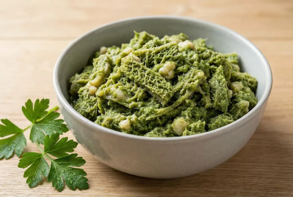 Nahaufnahme einer Schüssel mit frischem, grünem Pansen (Hundefutter), daneben liegt Petersilie