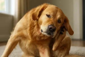 Ein Hund kratzt sich kräftig am Ohr.