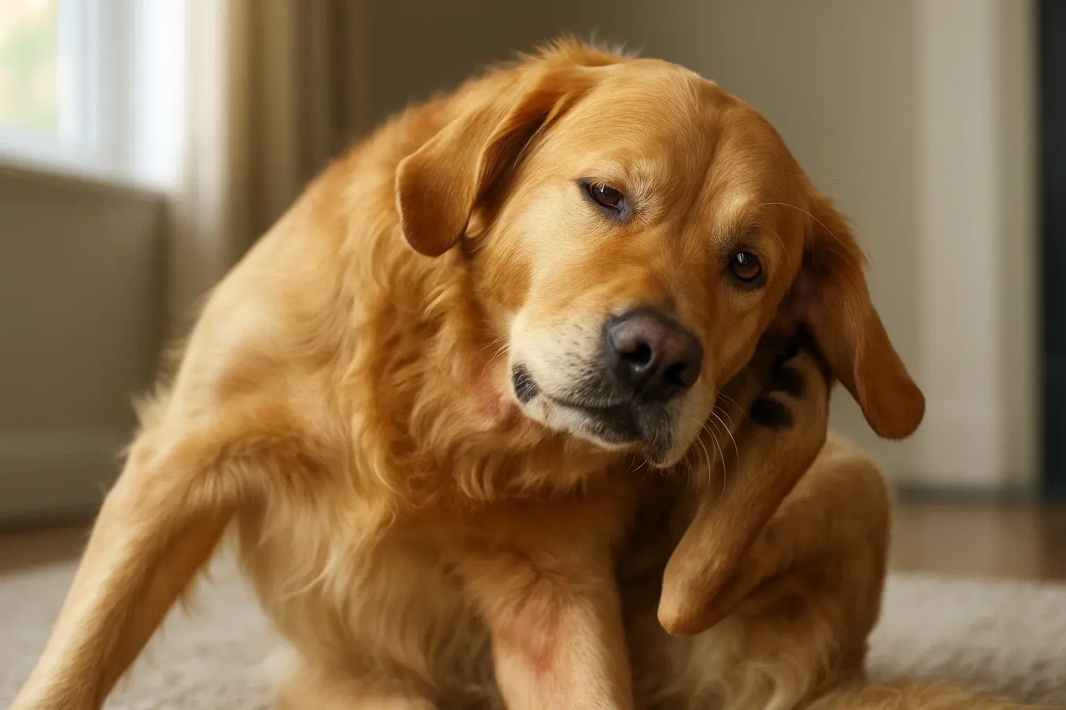 Ein Hund kratzt sich kräftig am Ohr.
