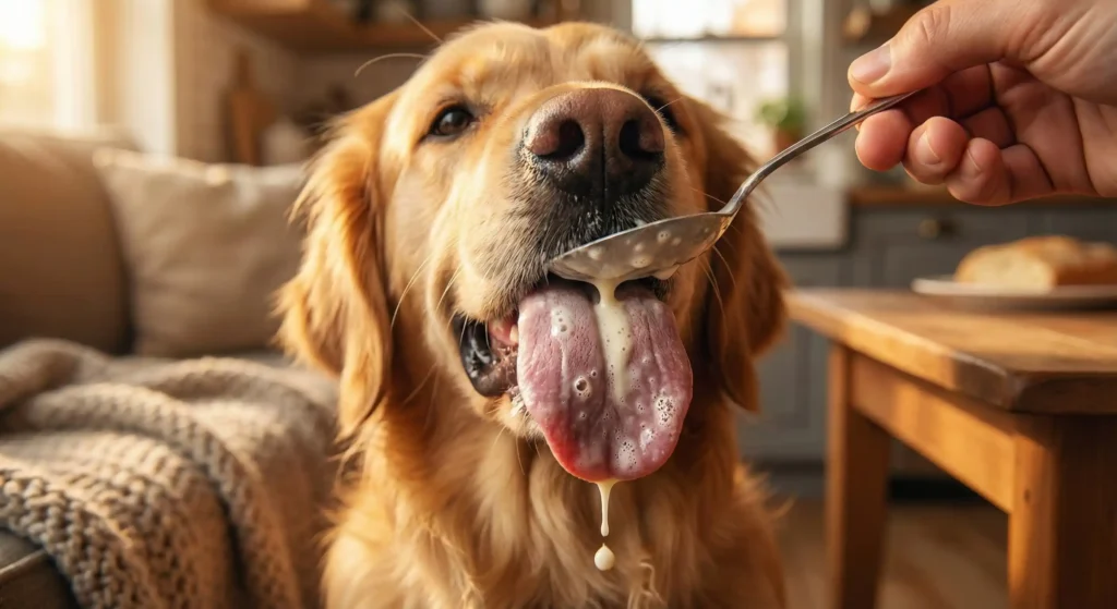 Hund probiert vorsichtig Buttermilch vom Löffel