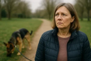Hundebesitzerin ruft ihren Hund, der abgelenkt auf einer Wiese schnüffelt und nicht auf den Rückruf reagiert.