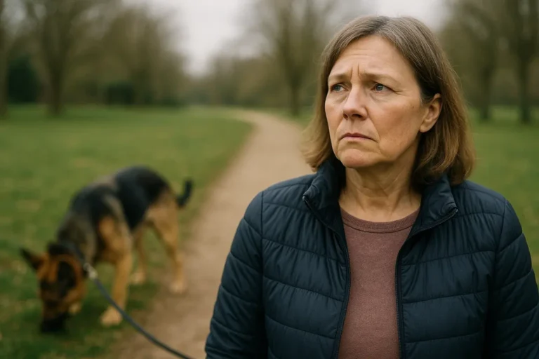 Hundebesitzerin ruft ihren Hund, der abgelenkt auf einer Wiese schnüffelt und nicht auf den Rückruf reagiert.