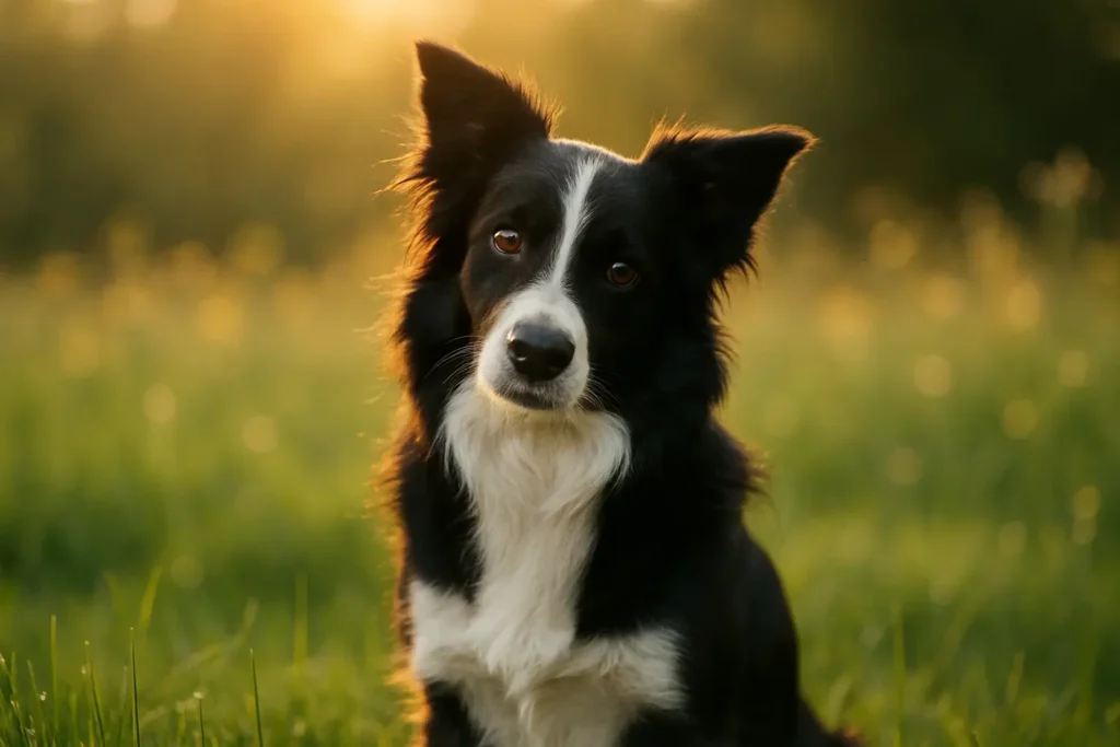 Ein Hund sitzt aufmerksam auf einer Wiese und schaut in die Kamera, als ob er lauscht.