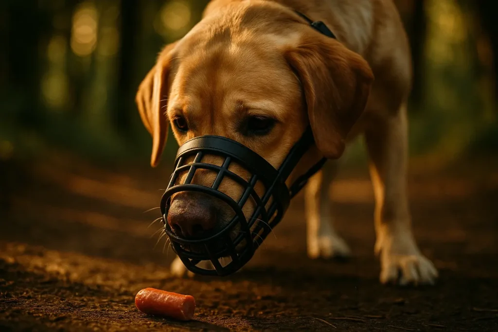 Hund schnüffelt neugierig an einem ausgelegten Köder am Wegesrand, wird aber durch einen gut sitzenden Maulkorb am Fressen gehindert.