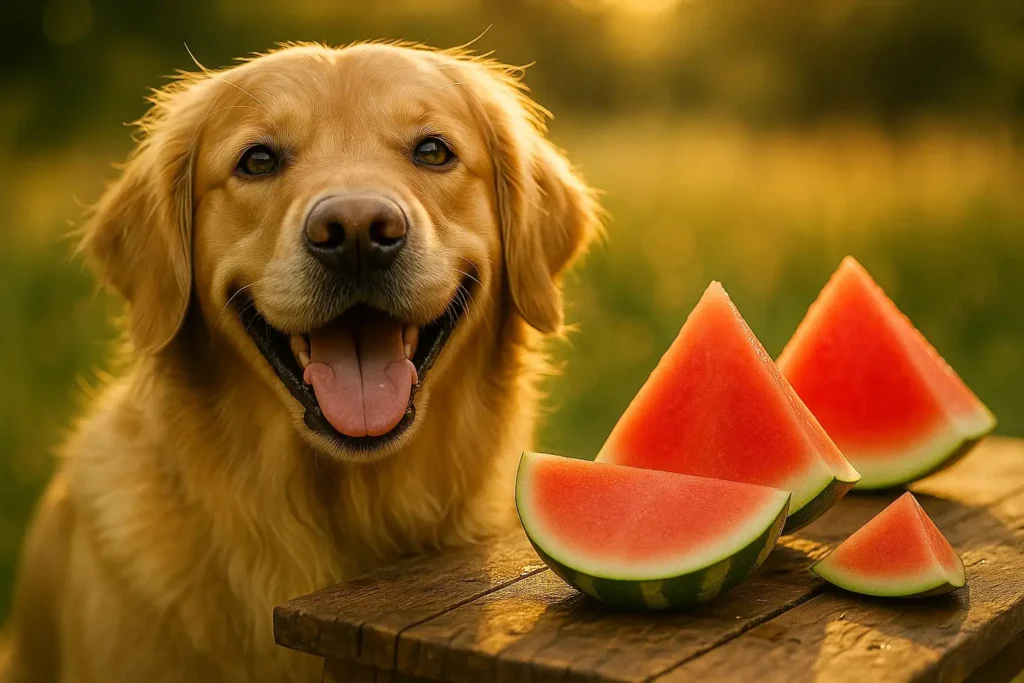 Ein glücklicher Hund neben aufgeschnittenen, kernlosen Wassermelonenstücken.