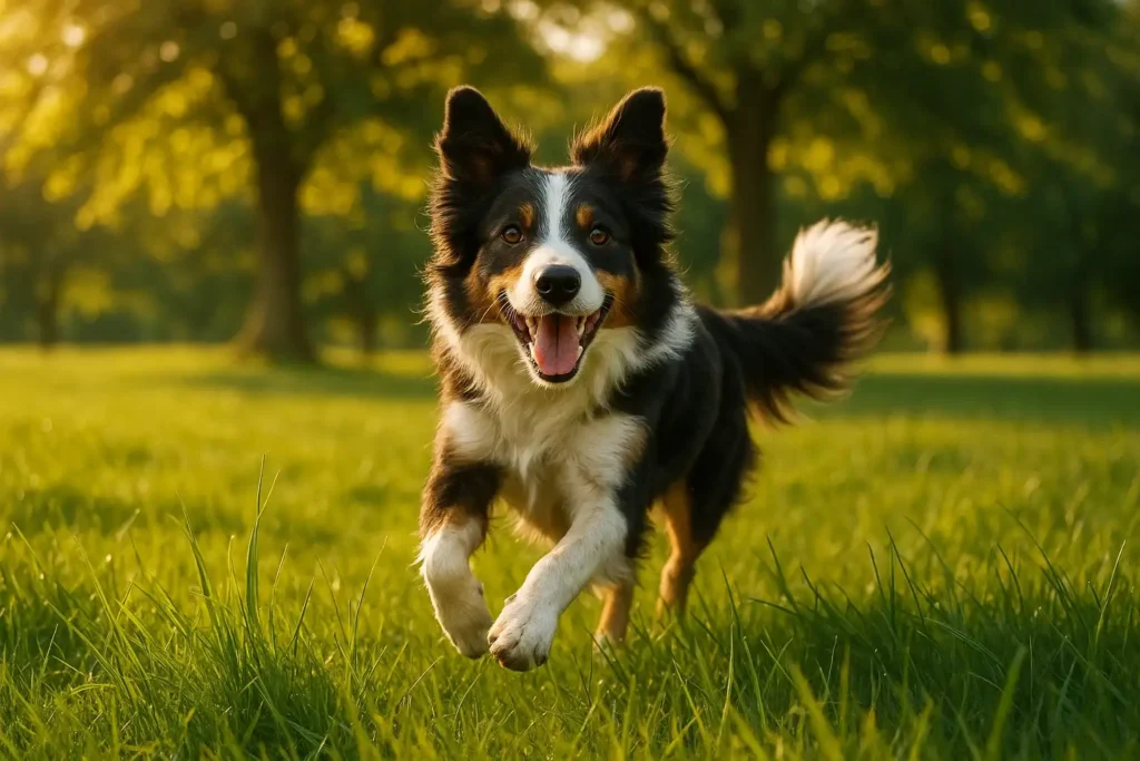 Glücklicher Hund rennt auf einer kühlen, grünen Wiese – ein pfotenfreundlicher Spaziergang als sichere Alternative zu heißem Asphalt im Sommer.