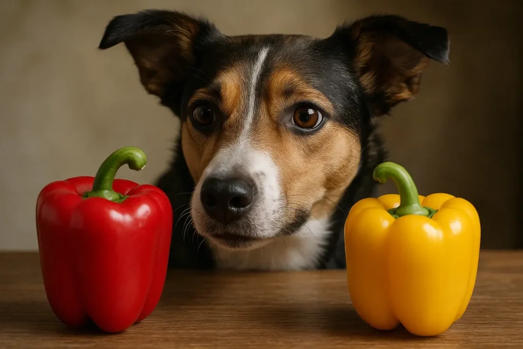 Ein Hund schaut neugierig auf eine rote und eine gelbe Paprika.