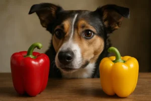 Ein Hund schaut neugierig auf eine rote und eine gelbe Paprika.