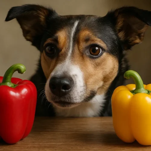 Ein Hund schaut neugierig auf eine rote und eine gelbe Paprika.