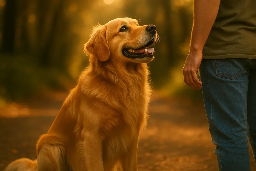 Ein glücklicher Hund sitzt aufmerksam vor seinem Besitzer und schaut ihn erwartungsvoll an.