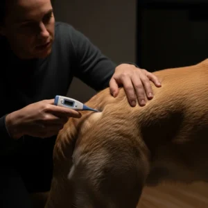 Person misst mit einem digitalen Fieberthermometer rektal die Temperatur bei einem ruhigen Labrador.