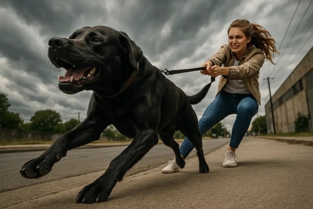 Ein Hund zieht stark an der Leine, während seine Besitzerin Mühe hat, ihn zu halten.