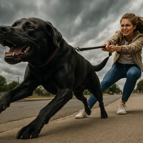 Ein Hund zieht stark an der Leine, während seine Besitzerin Mühe hat, ihn zu halten.