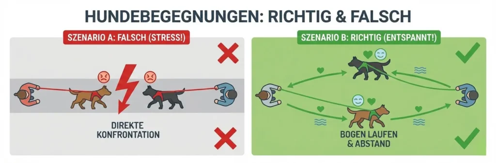 Grafik: Oben: Zwei Hunde laufen frontal aufeinander zu (Roter Blitz/Konflikt). Unten: Zwei Hunde laufen einen Bogen umeinander (Grüner Haken/Höflichkeit).