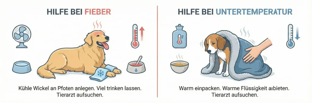 Vektor-Illustration: Links Hund mit Kühlpad (Fieber), Rechts Hund in Decke (Untertemperatur)