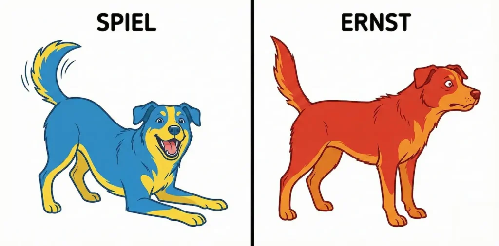Vergleichsgrafik Vektor: Links 'Spiel' (Hinterteil oben, Maul offen, Ohren entspannt), Rechts 'Ernst' (Körper steif, Maul geschlossen, Ohren angelegt, Walfischauge)