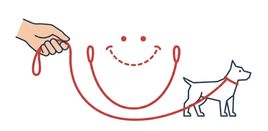 Vektor-Grafik: Eine Leine hängt locker zwischen Hand und Hund durch und bildet die Form eines lächelnden Mundes (Smiley)