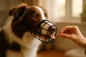 Ein Hund trägt entspannt einen Maulkorb, während seine Besitzerin ihm ein Leckerli durch die Gitterstäbe gibt. Ein wichtiger Schritt beim Maulkorbtraining.