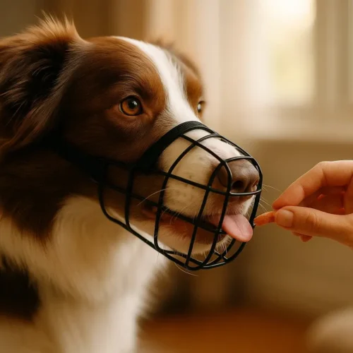 Ein Hund trägt entspannt einen Maulkorb, während seine Besitzerin ihm ein Leckerli durch die Gitterstäbe gibt. Ein wichtiger Schritt beim Maulkorbtraining.