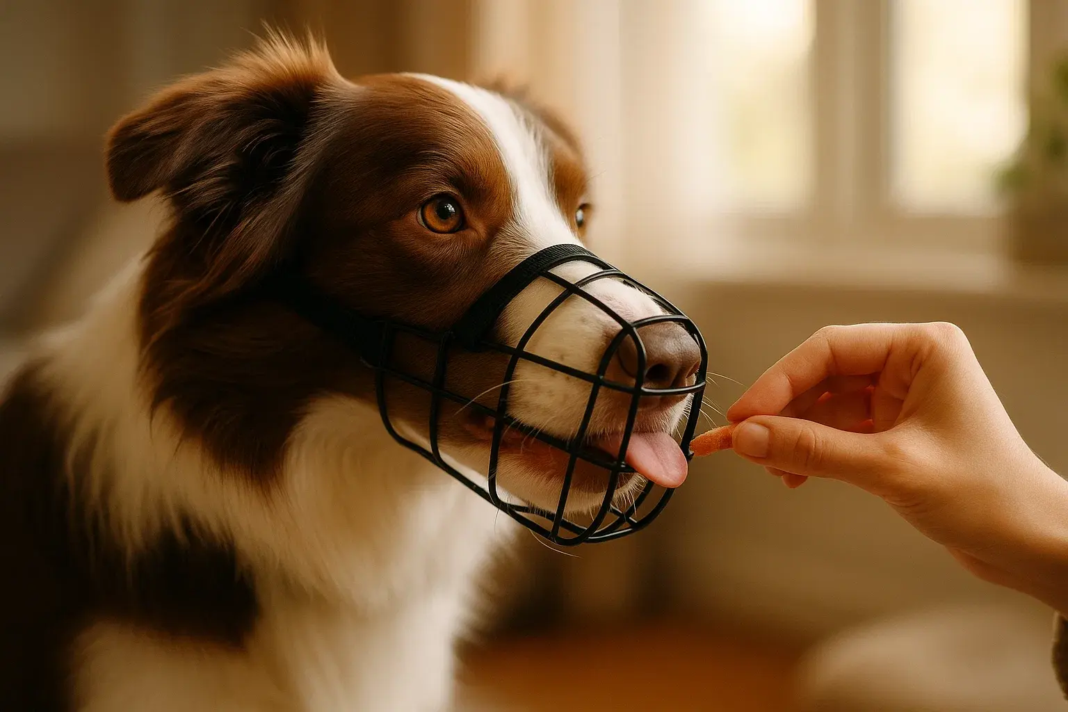 Ein Hund trägt entspannt einen Maulkorb, während seine Besitzerin ihm ein Leckerli durch die Gitterstäbe gibt. Ein wichtiger Schritt beim Maulkorbtraining.