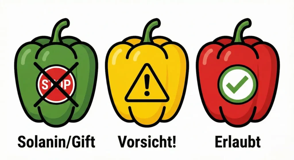 Infografik Paprika-Ampel: Grün ist verboten (Solanin), Gelb ist naja, Rot ist erlaubt.