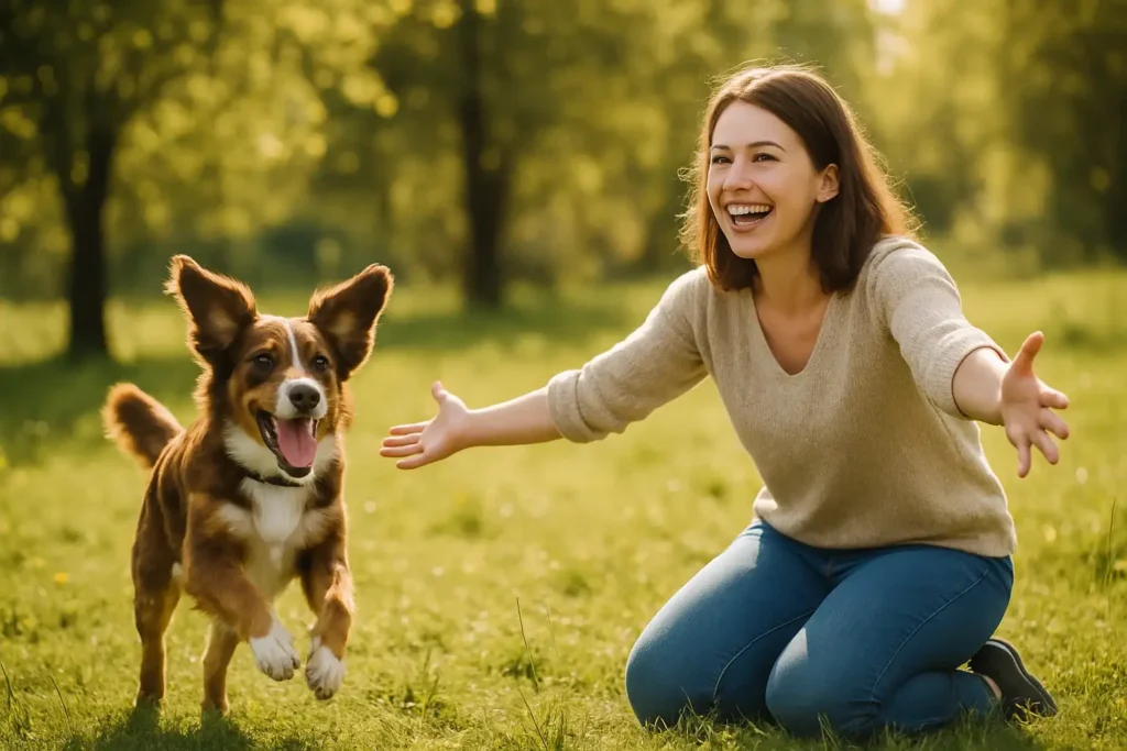 Glücklicher Hund rennt bei einem perfekten Rückruf freudig auf seine Besitzerin zu.
