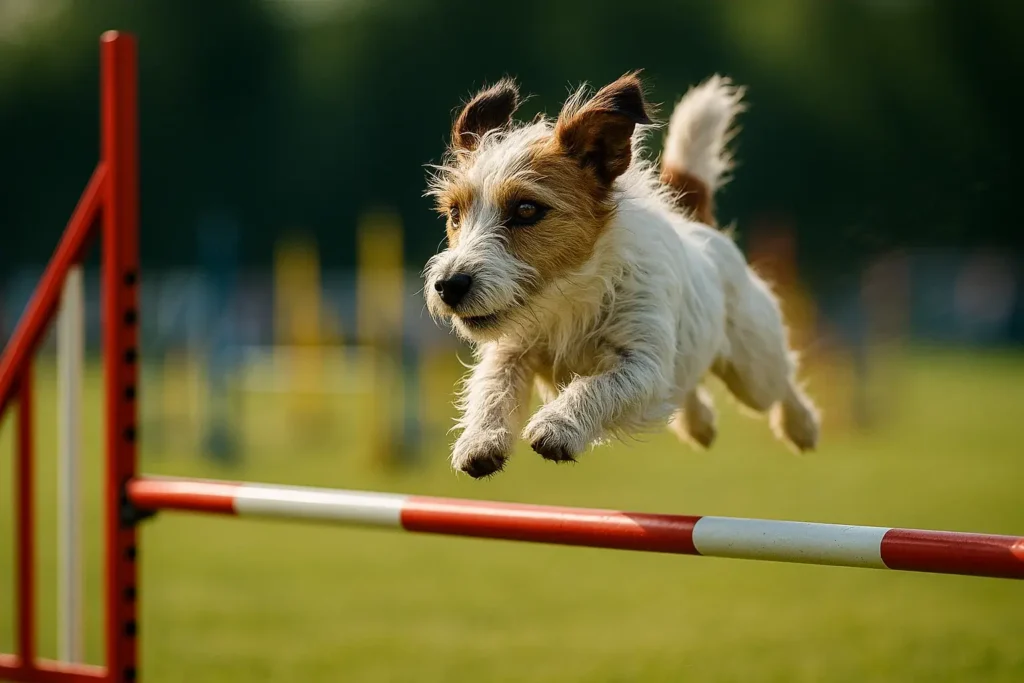 Ein rauhaariger Jack Russell Terrier beim Agility-Training auf einem Hundeplatz.