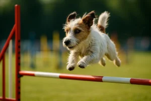 Ein rauhaariger Jack Russell Terrier beim Agility-Training auf einem Hundeplatz.