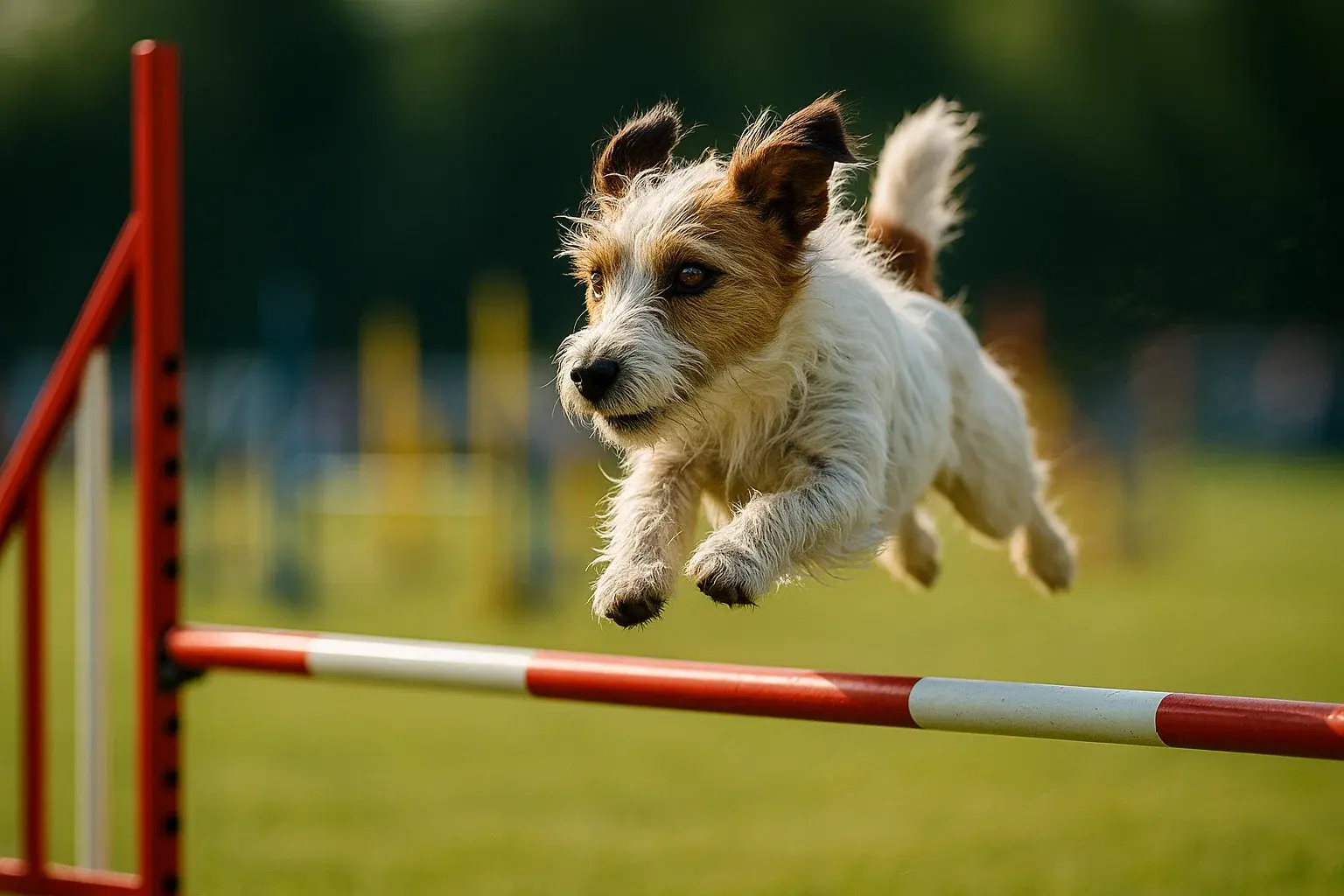 Ein rauhaariger Jack Russell Terrier beim Agility-Training auf einem Hundeplatz.