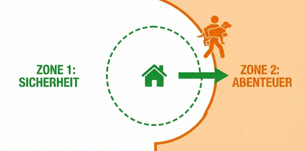 Vektor-Grafik: Ein Haus in der Mitte, darum ein kleiner Kreis (Sicherheitszone). Ein Pfeil zeigt: Welpe wird aus dem Kreis getragen und läuft dann fröhlich weiter