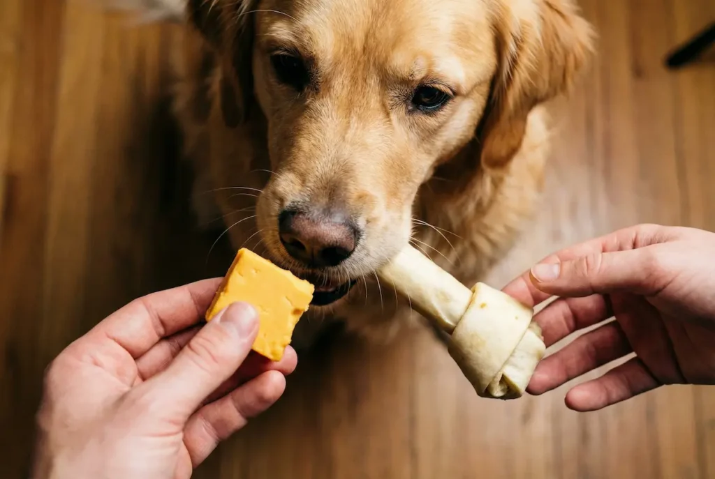 Nahaufnahme: Eine Hand bietet einem Hund ein hochwertiges Leckerli an, während die andere Hand sanft das Spielzeug entgegennimmt