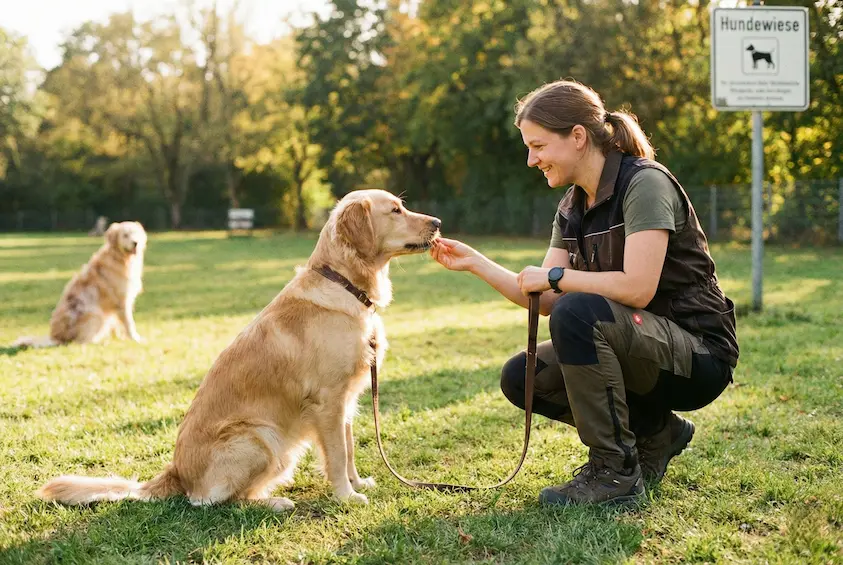 Halterin steht mit Hund auf einer Wiese. Hund schaut zu einem entfernten anderen Hund, Halterin gibt Leckerli. Entspannte Leine.