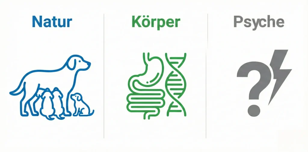 Vektor-Grafik mit drei Säulen: 1. Biologie (Instinkt), 2. Medizin (Mangel/Parasiten), 3. Verhalten (Stress/Aufmerksamkeit)