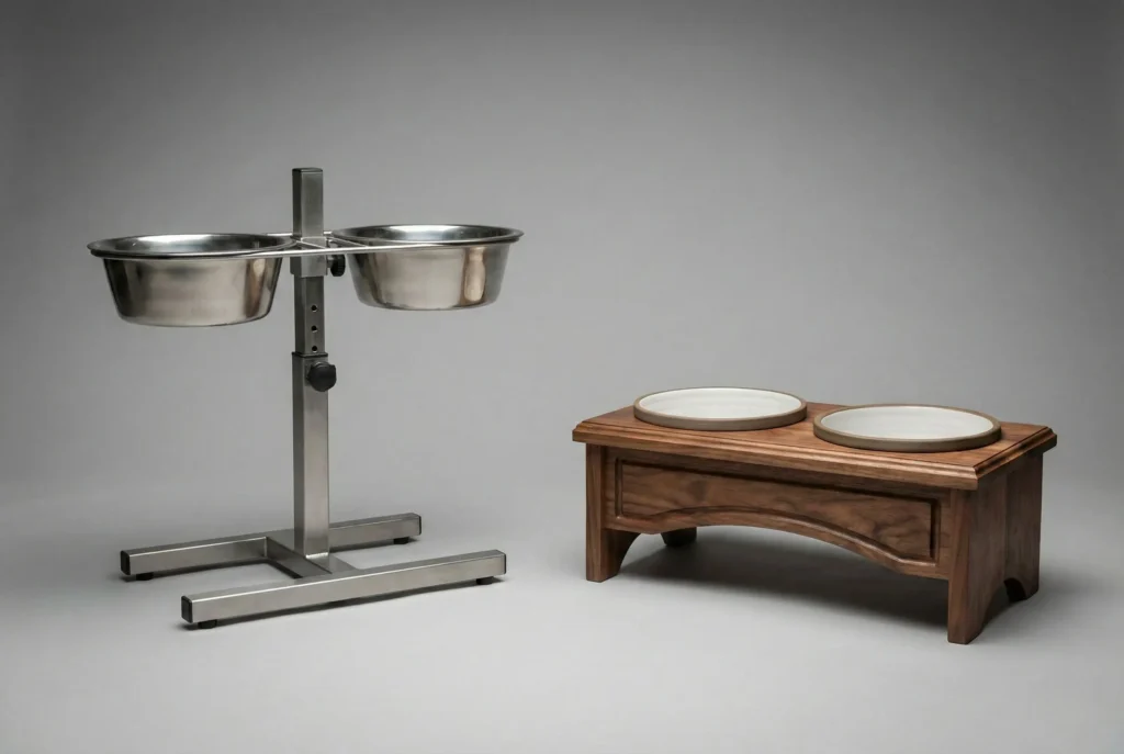 Links: Metallständer, höhenverstellbar (praktisch). Rechts: Feste Holzbox (schick aber starr). Fokus auf Ergonomie.