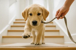 Ein junger Golden Retriever Welpe lernt an der Leine langsam und kontrolliert das Treppensteigen.
